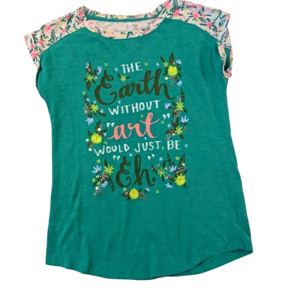 Art Class Floral Print Artsy Kids Green Graphic Tee‎ Y2K